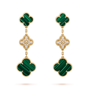 CLOVER EARRINGS GOLD MALACHITE DIAMOND 3 MOTIF