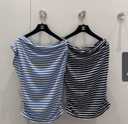 CC 25 Striped One-shoulder Short-sleeved T-shirt Cotton