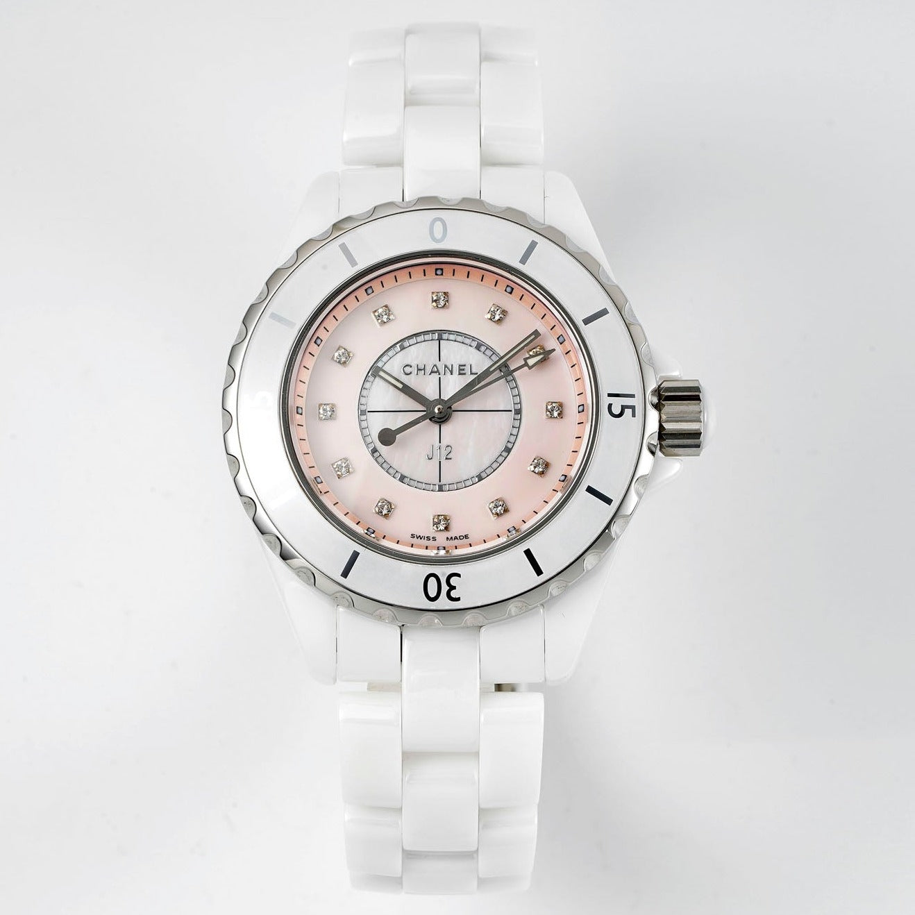 J12 33MM WHITE CERAMIC DIAMOND NUMERALS PINK MOP DIAL